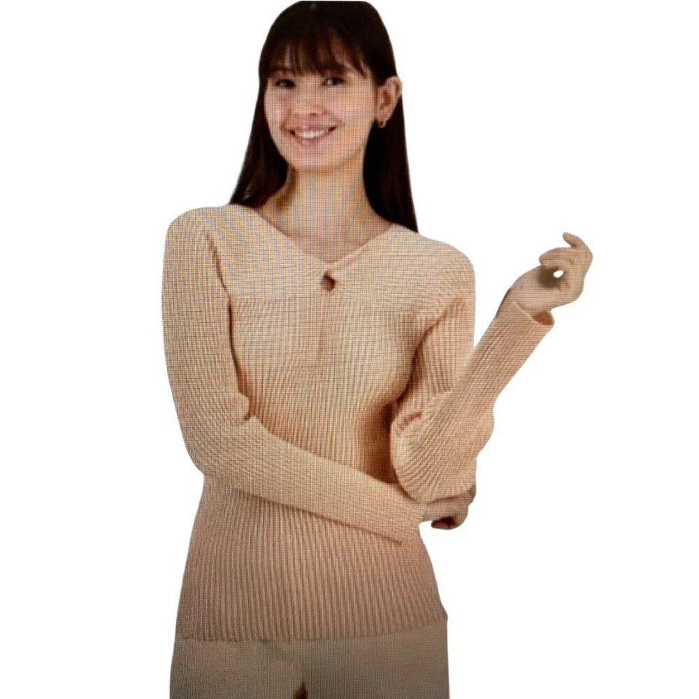 TAHARI ASL WOMENS RIBBED V-NECK TWIST-FR PARFAIT Large NWT